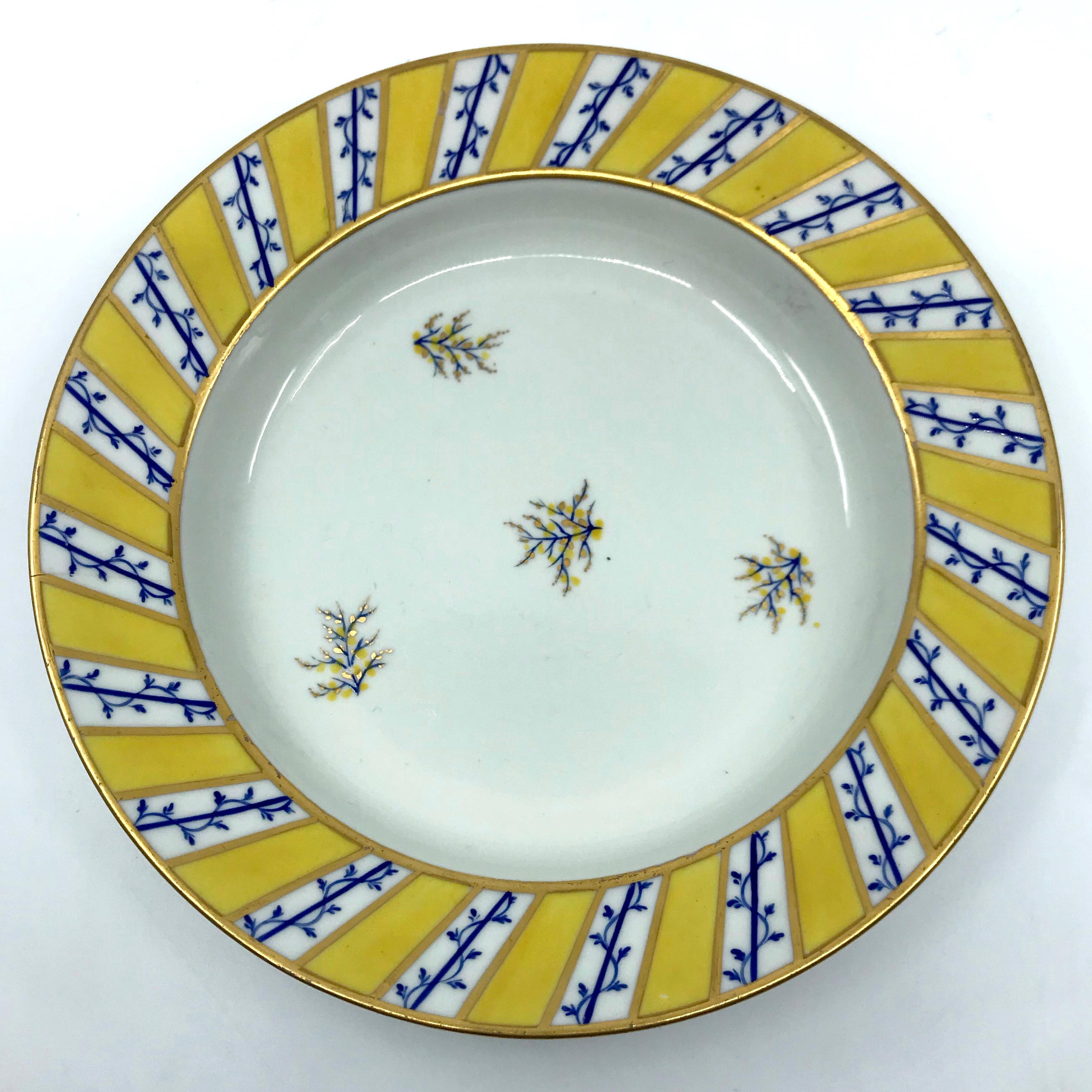 English Pair Blue and Yellow Gilt Derby Soup Plates For Sale