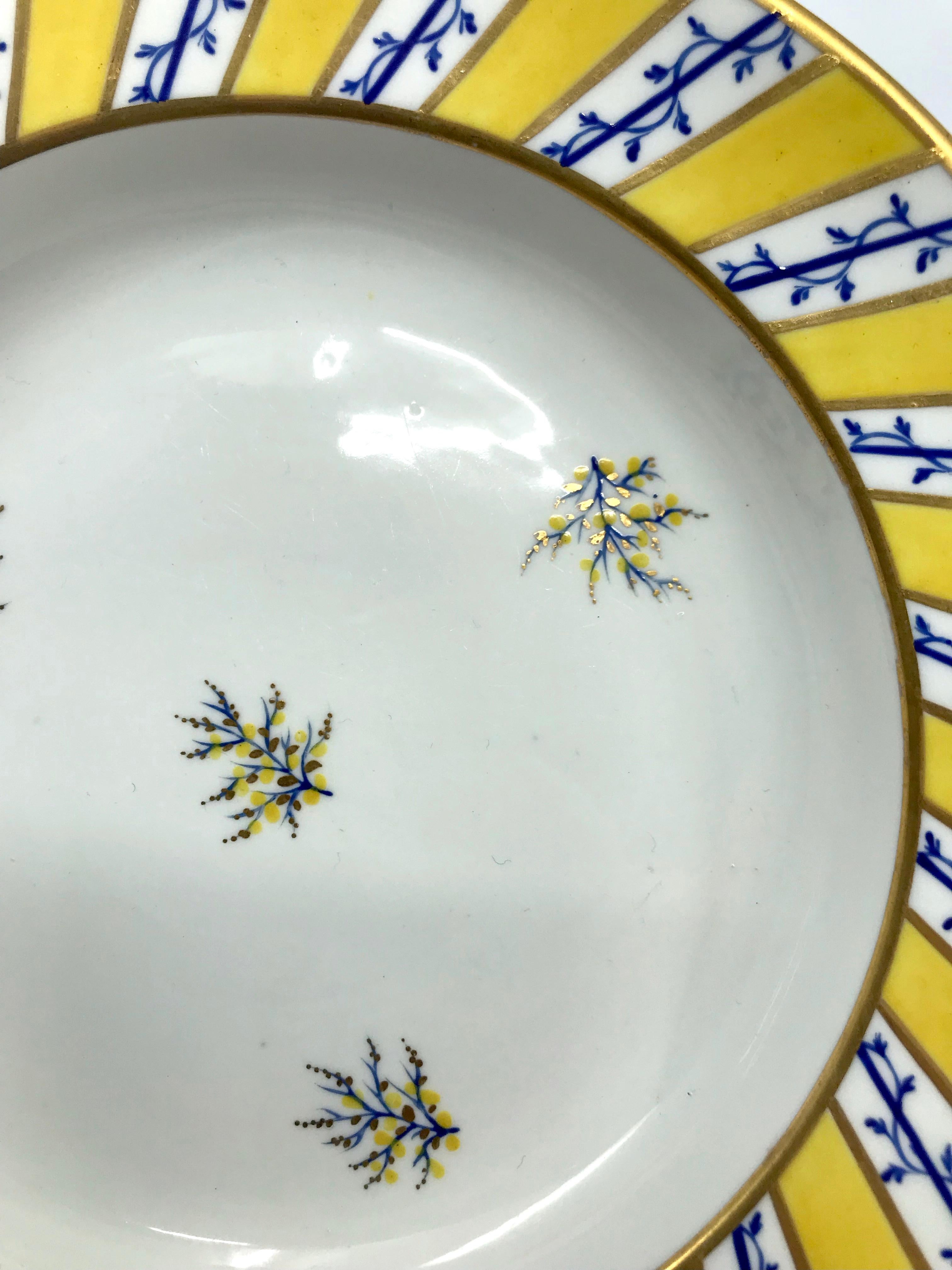 Hand-Painted Pair Blue and Yellow Gilt Derby Soup Plates For Sale