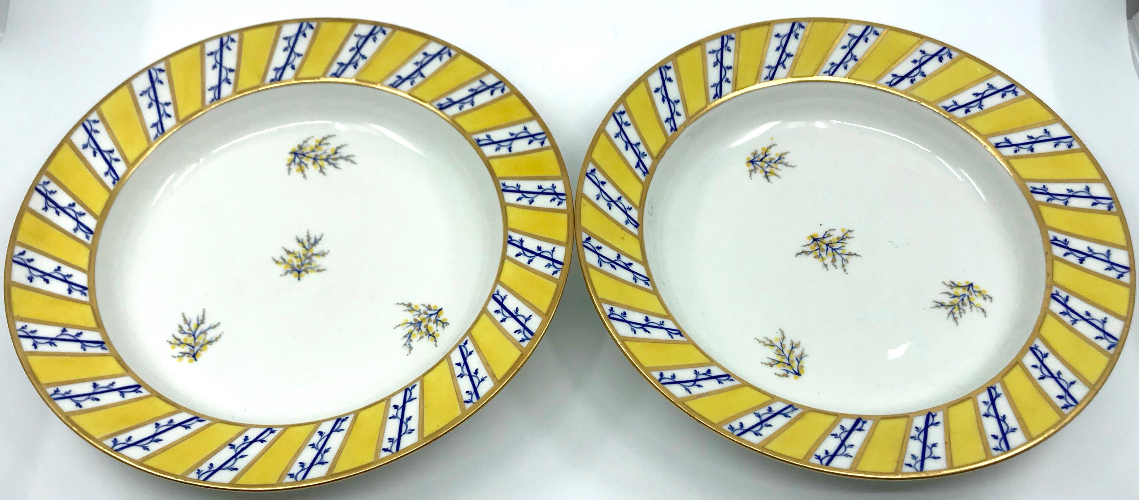 Pair Blue and Yellow Gilt Derby Soup Plates In Good Condition For Sale In New York, NY