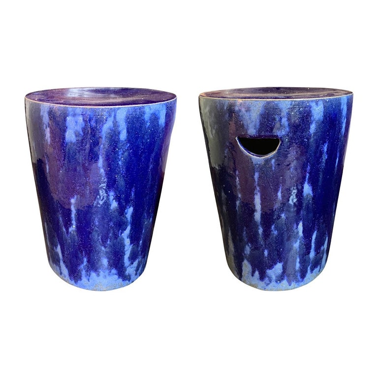 Pair Of Blue Ceramic Glazed Round, Ceramic Garden Stool Blue