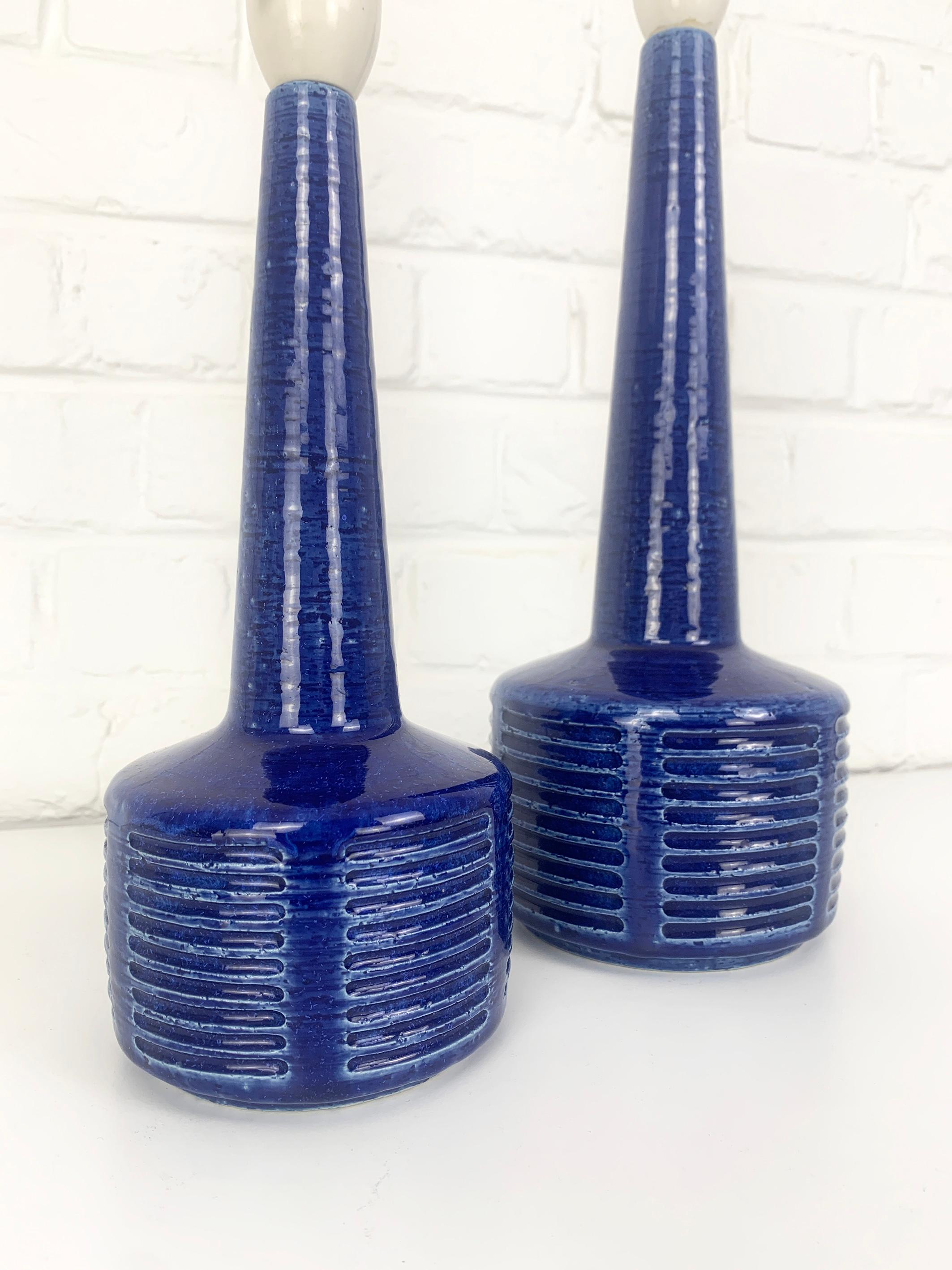 Pair blue ceramic table lamps by Palshus Denmark, stoneware Linnemann-Schmidt For Sale 2