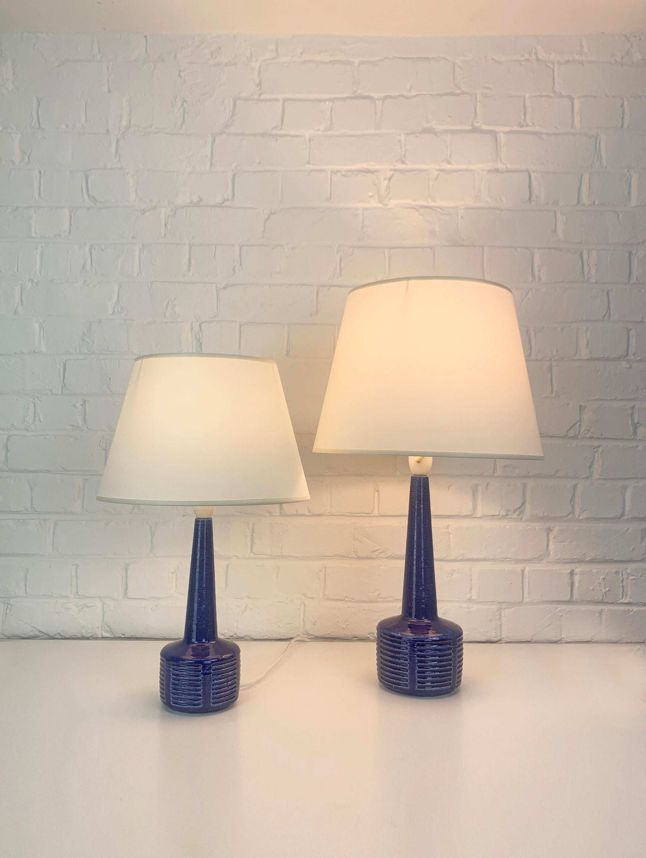 Scandinavian Modern Pair blue ceramic table lamps by Palshus Denmark, stoneware Linnemann-Schmidt For Sale