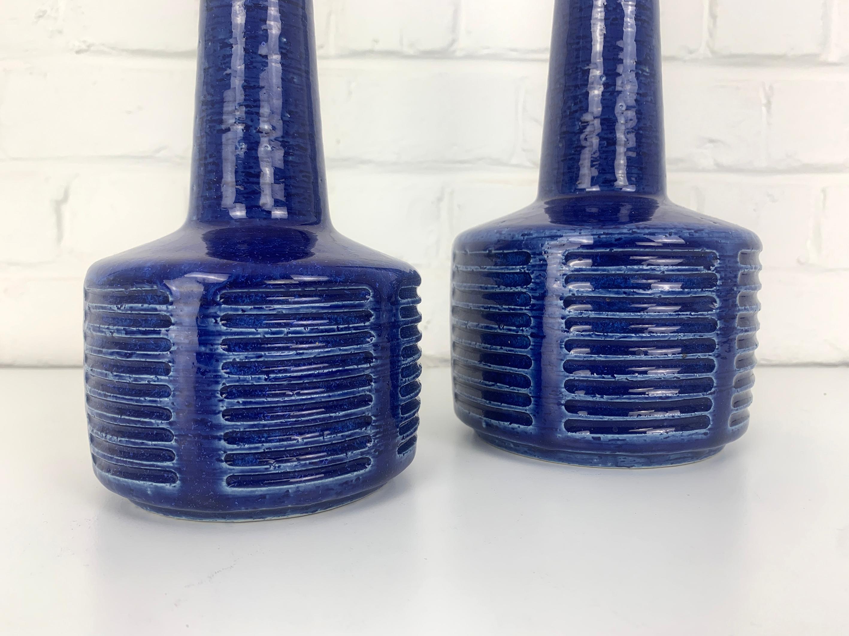 Hand-Crafted Pair blue ceramic table lamps by Palshus Denmark, stoneware Linnemann-Schmidt For Sale