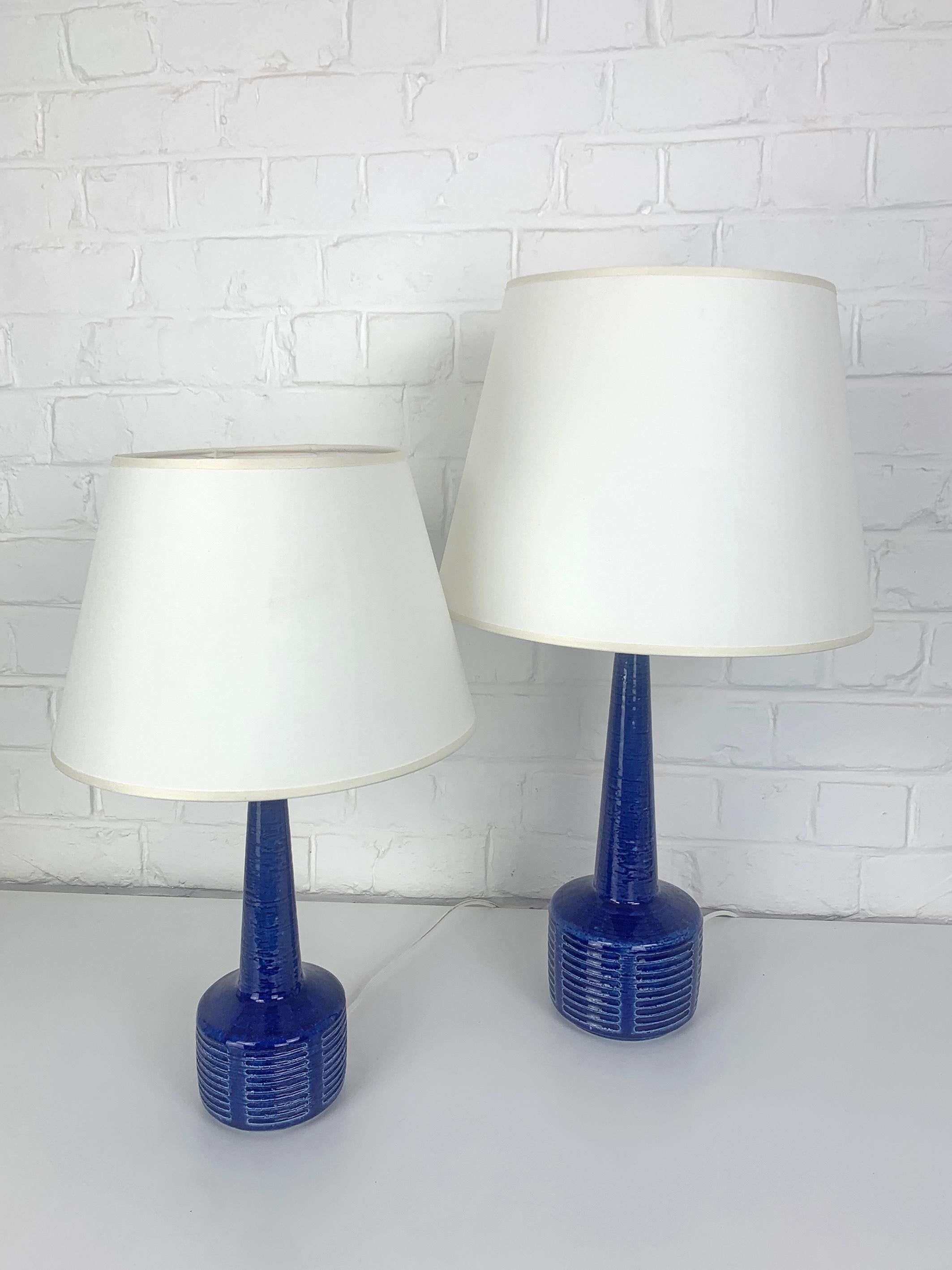 20th Century Pair blue ceramic table lamps by Palshus Denmark, stoneware Linnemann-Schmidt For Sale