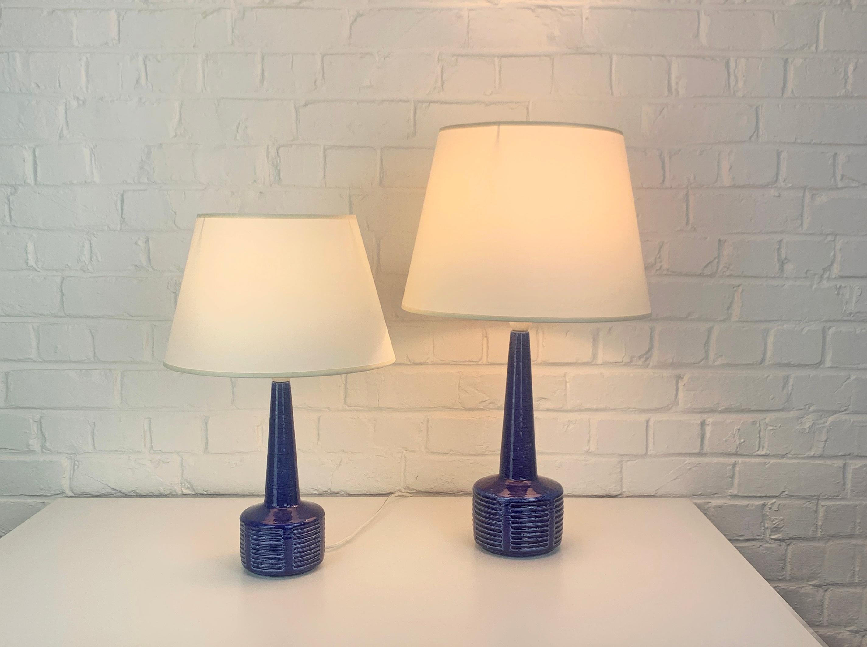 Pair blue ceramic table lamps by Palshus Denmark, stoneware Linnemann-Schmidt For Sale 1