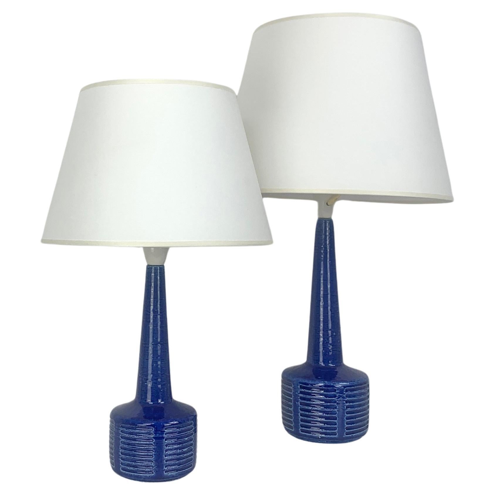 Pair blue ceramic table lamps by Palshus Denmark, stoneware Linnemann-Schmidt For Sale