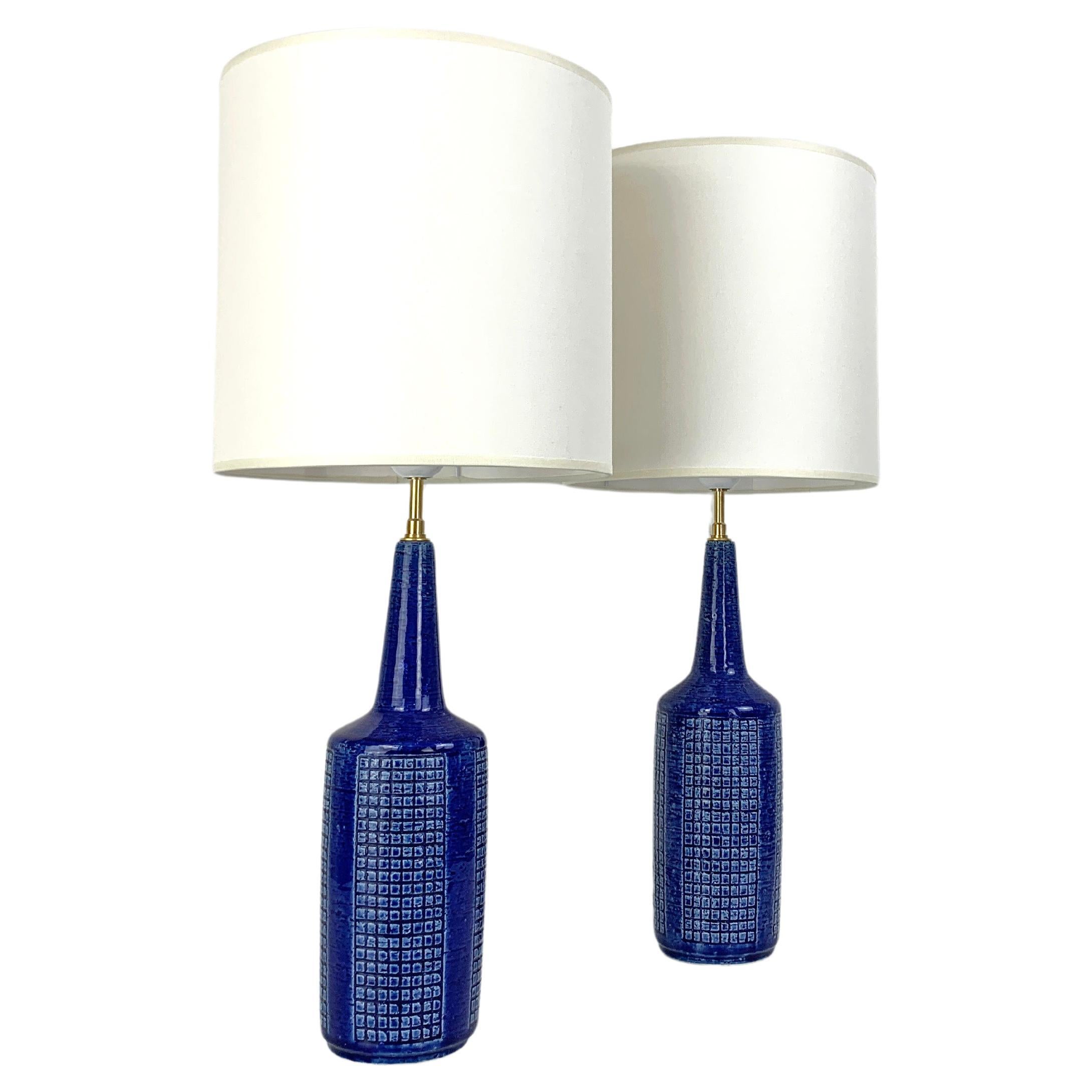 Pair blue ceramic table lamps by Palshus Denmark, stoneware Linnemann-Schmidt