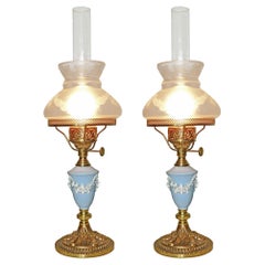 Antique Blue English Wedgwood Porcelain Gilt Bronze Victorian Library Table Lamps, Pair