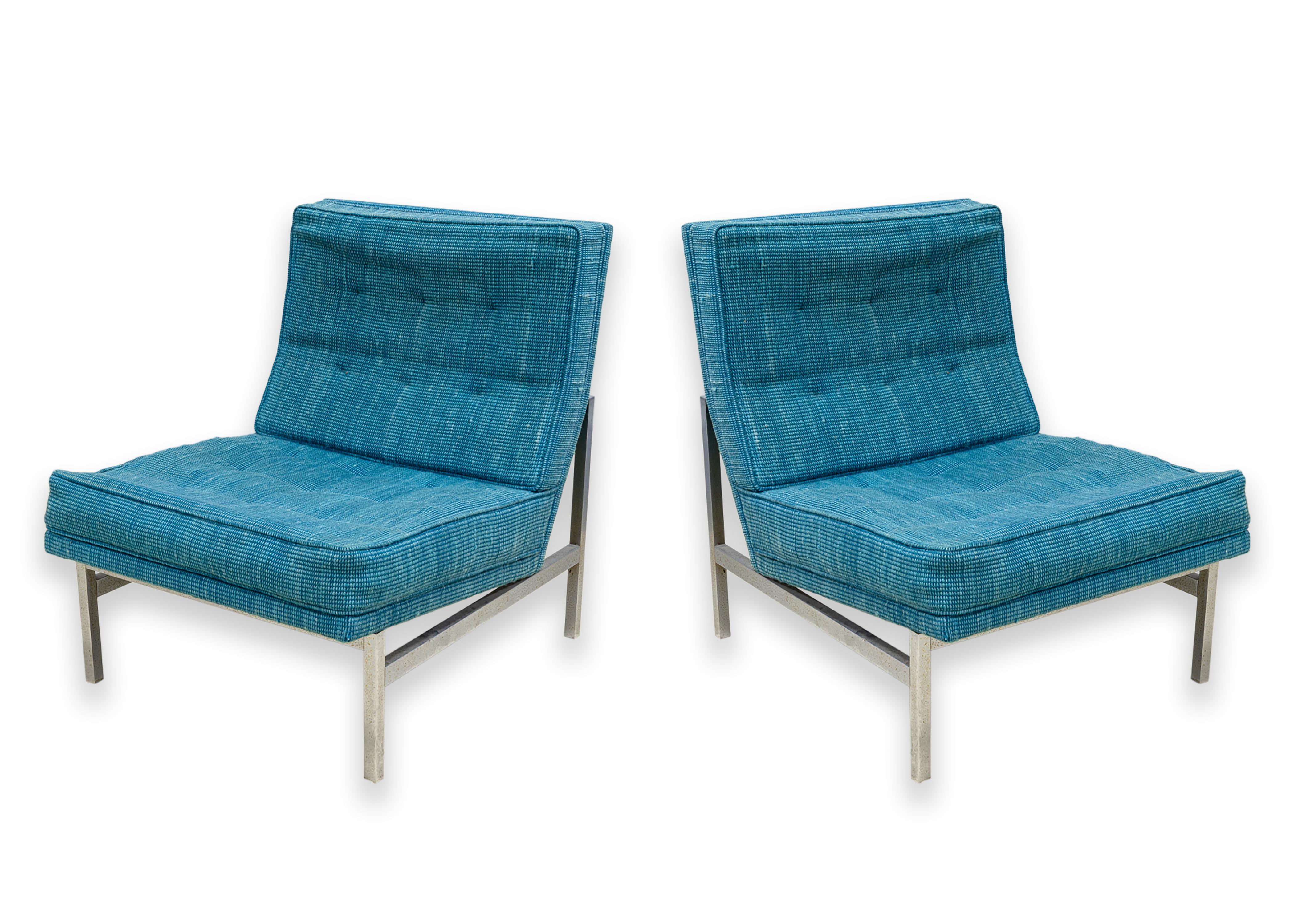 Pair Blue Fabric VIntage Florence Knoll Parallel Bar Chrome Accent Lounge Chairs 6