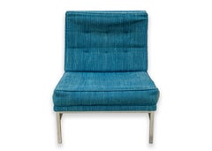 Paar Blau Stoff VIntage Florence Knoll Parallele Bar Chrom Akzent Lounge Stühle