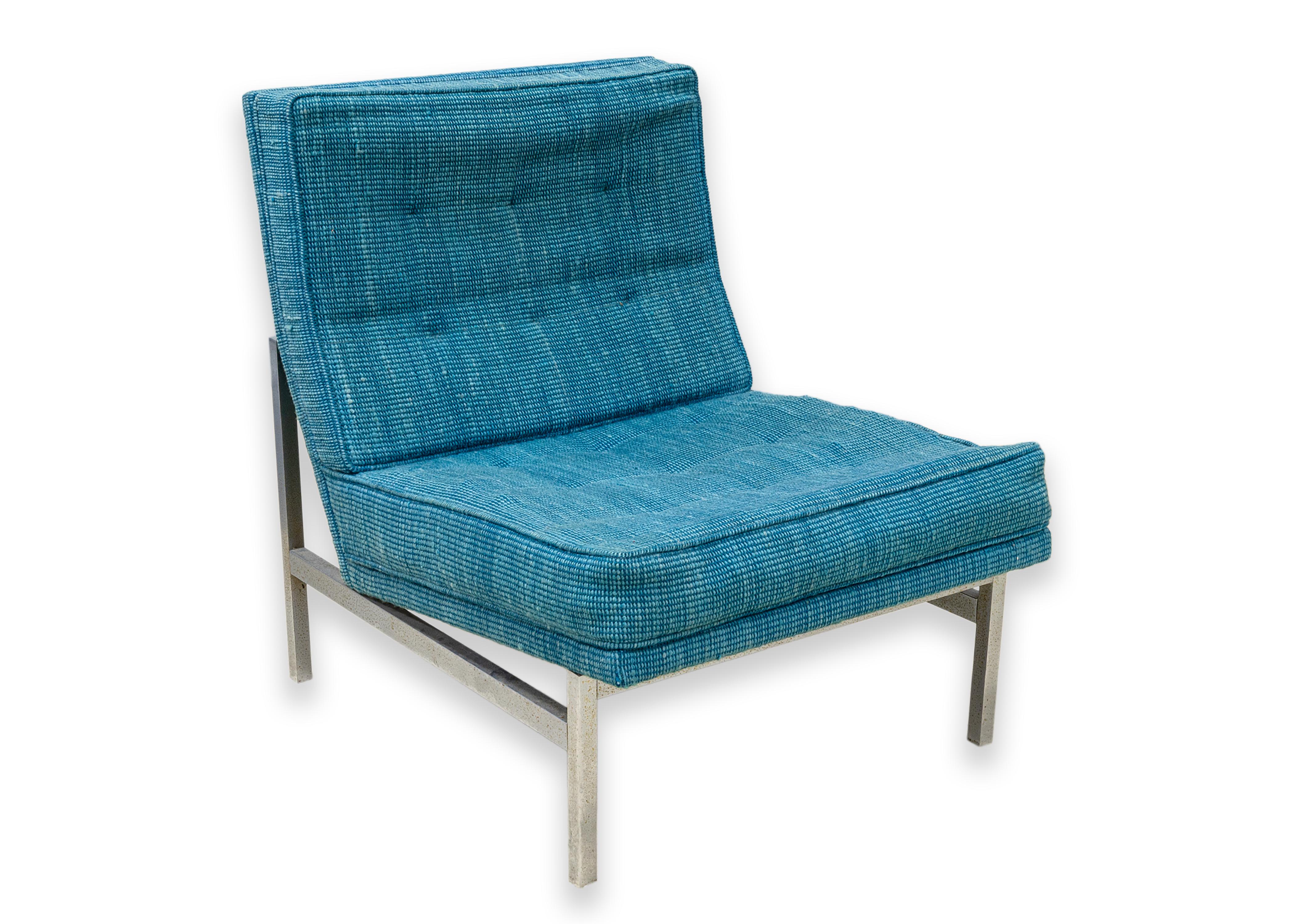 Mid-Century Modern Pair Blue Fabric VIntage Florence Knoll Parallel Bar Chrome Accent Lounge Chairs