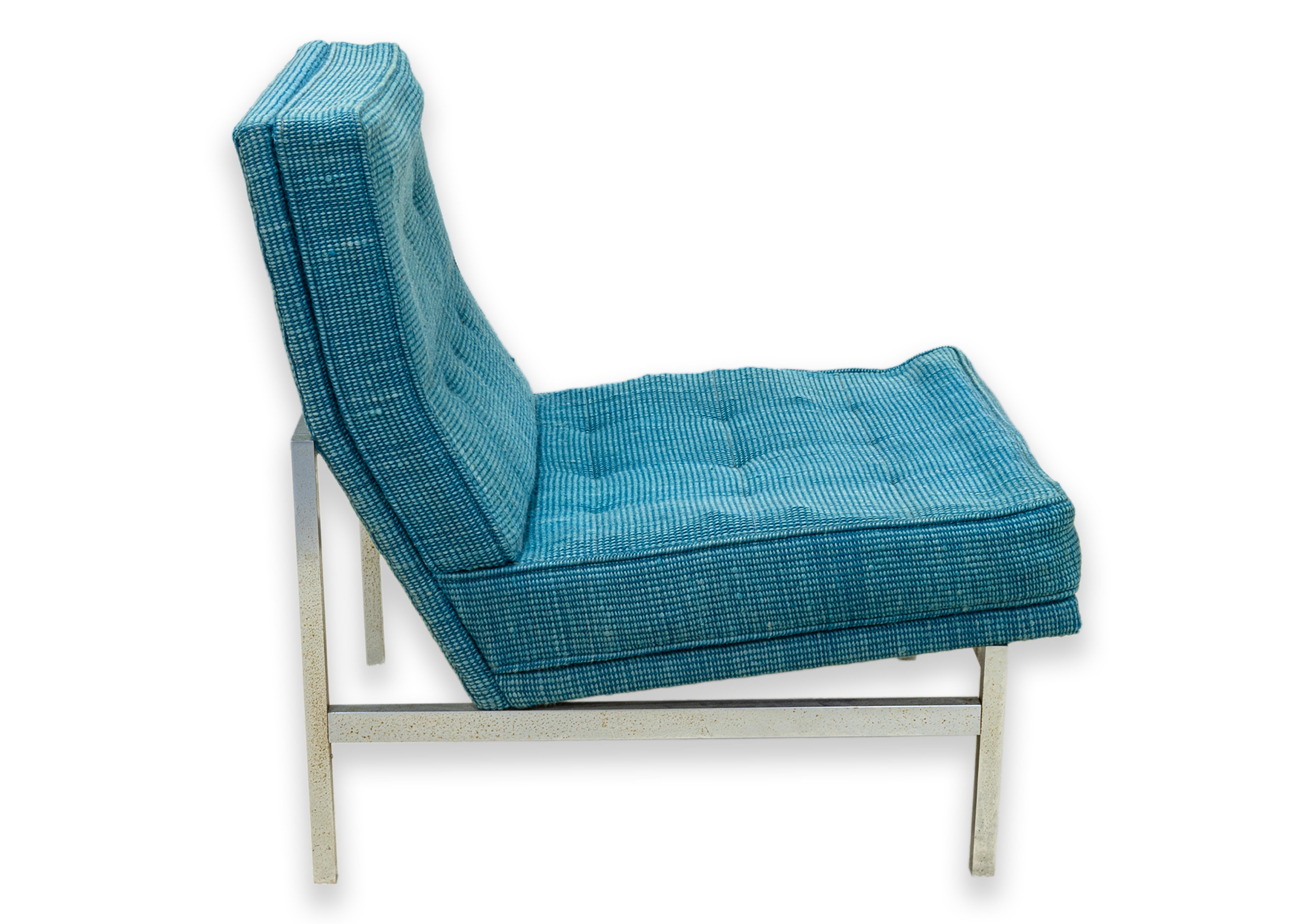 American Pair Blue Fabric VIntage Florence Knoll Parallel Bar Chrome Accent Lounge Chairs