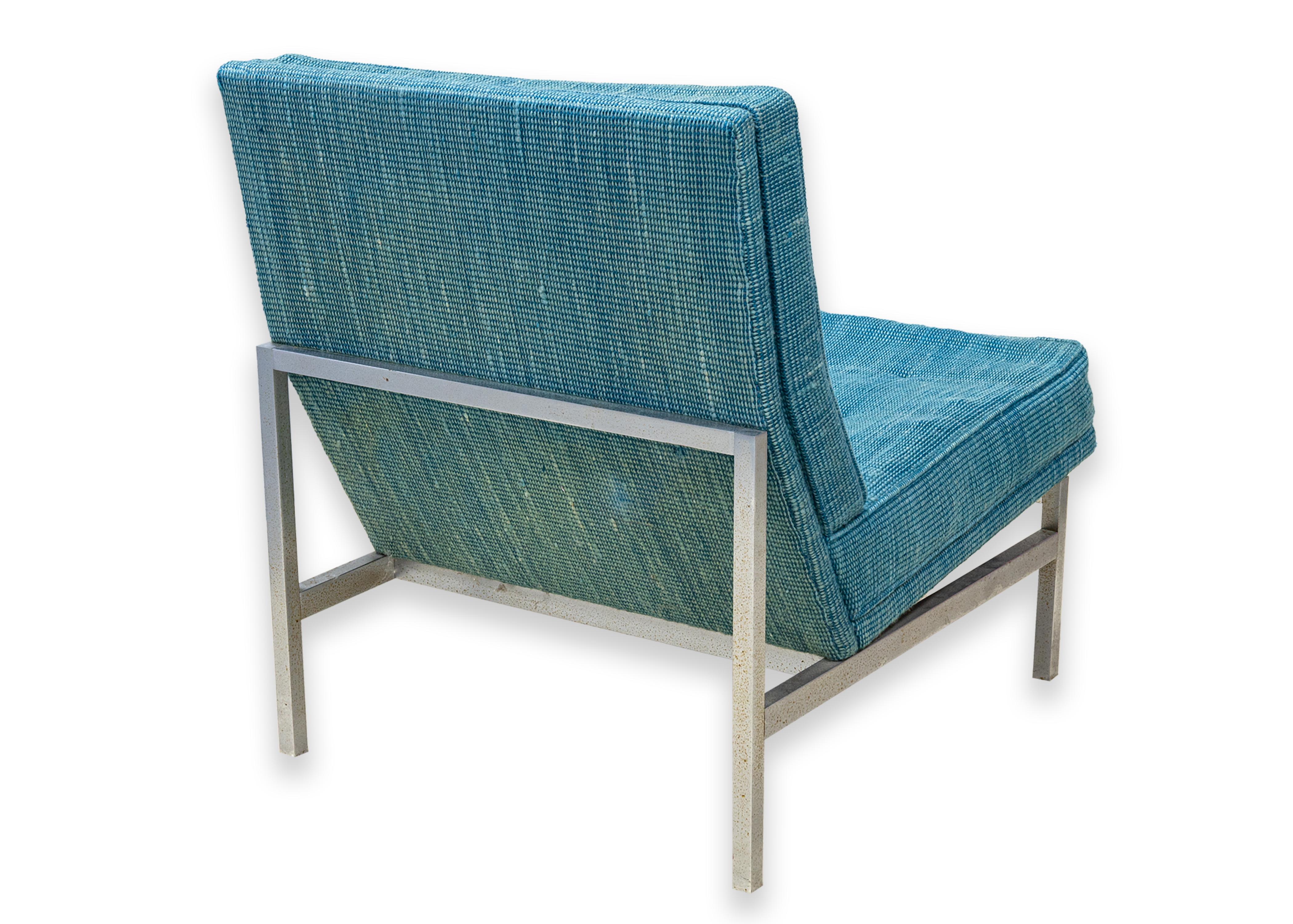 Pair Blue Fabric VIntage Florence Knoll Parallel Bar Chrome Accent Lounge Chairs In Good Condition In Keego Harbor, MI