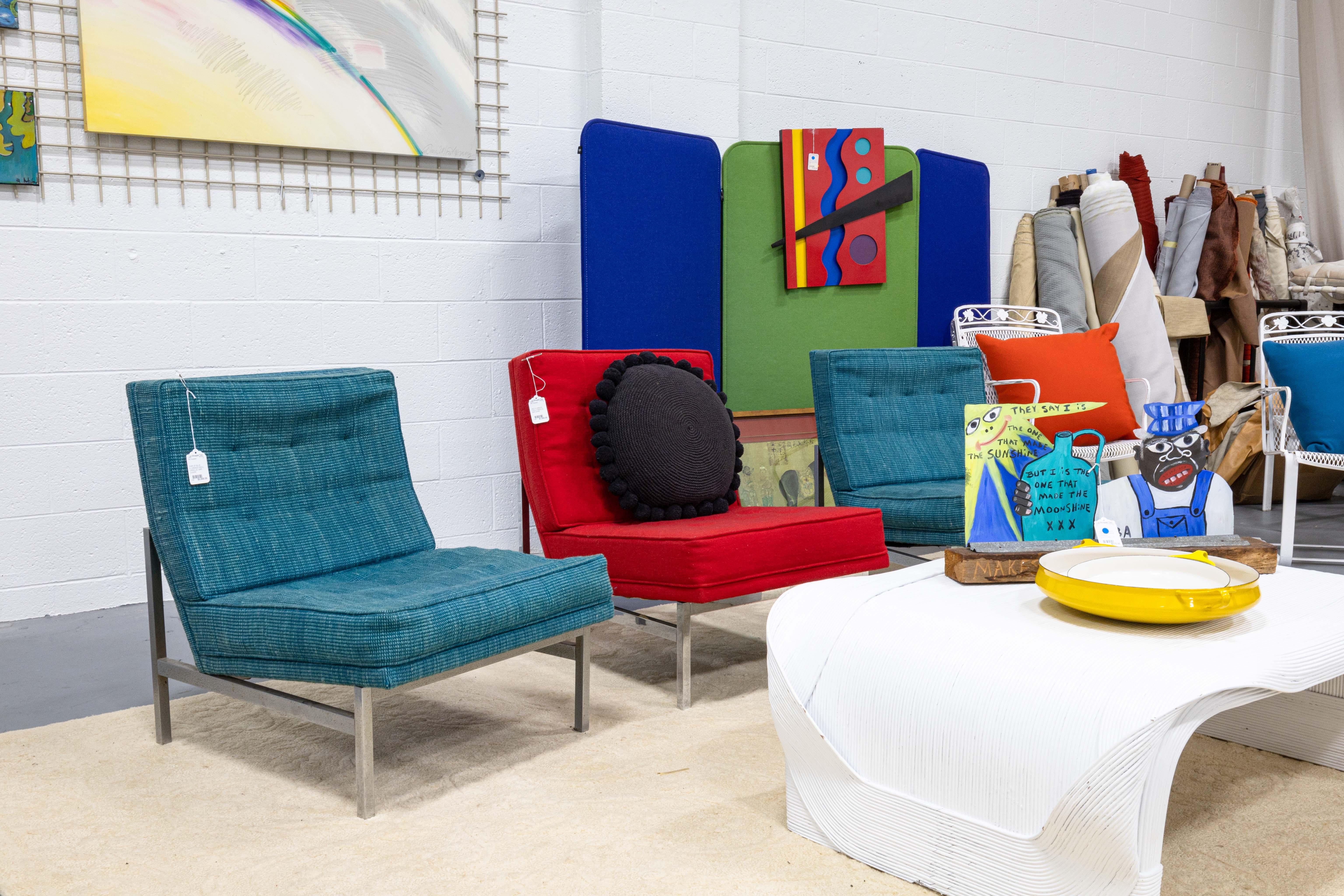 20th Century Pair Blue Fabric VIntage Florence Knoll Parallel Bar Chrome Accent Lounge Chairs