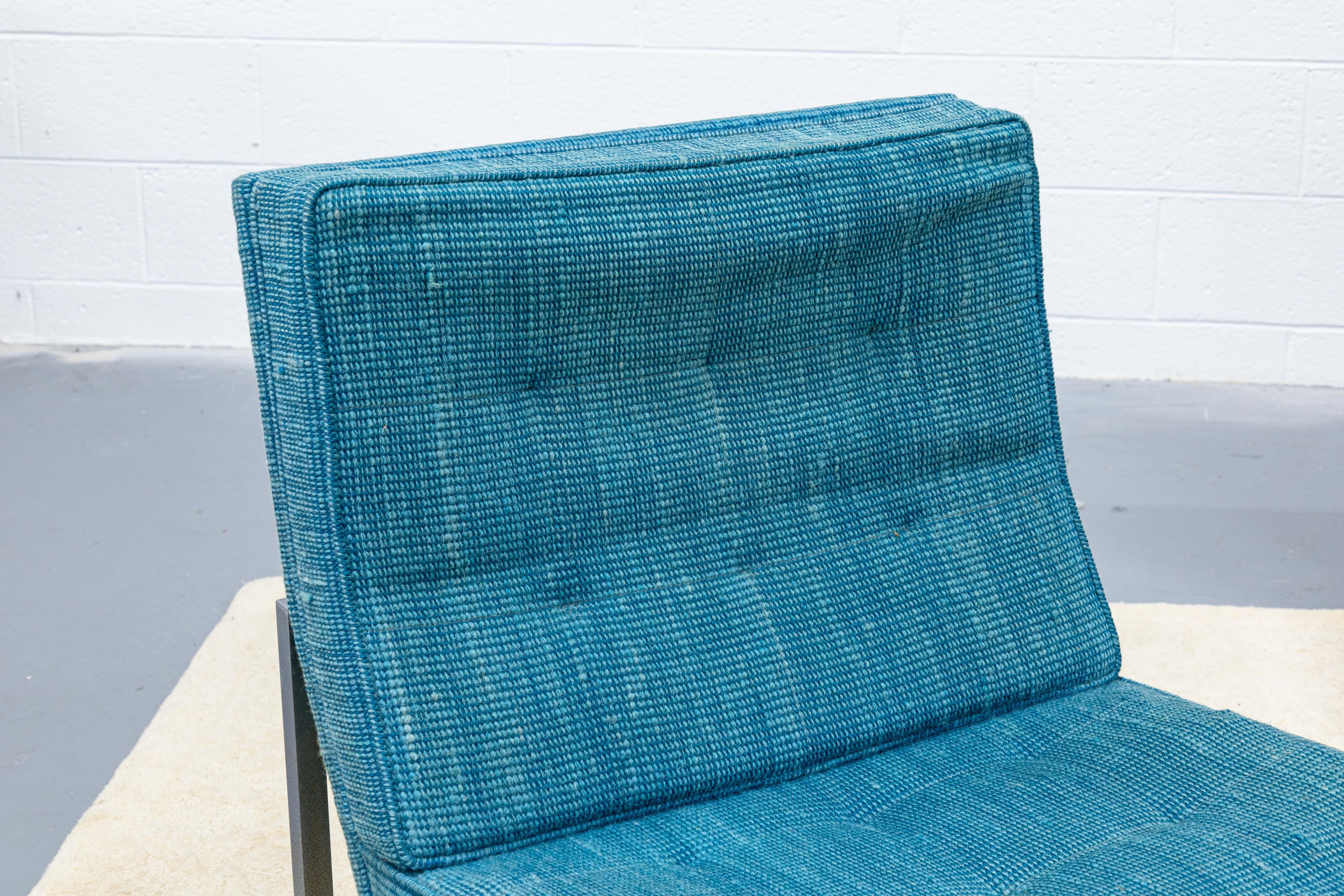 Pair Blue Fabric VIntage Florence Knoll Parallel Bar Chrome Accent Lounge Chairs 1
