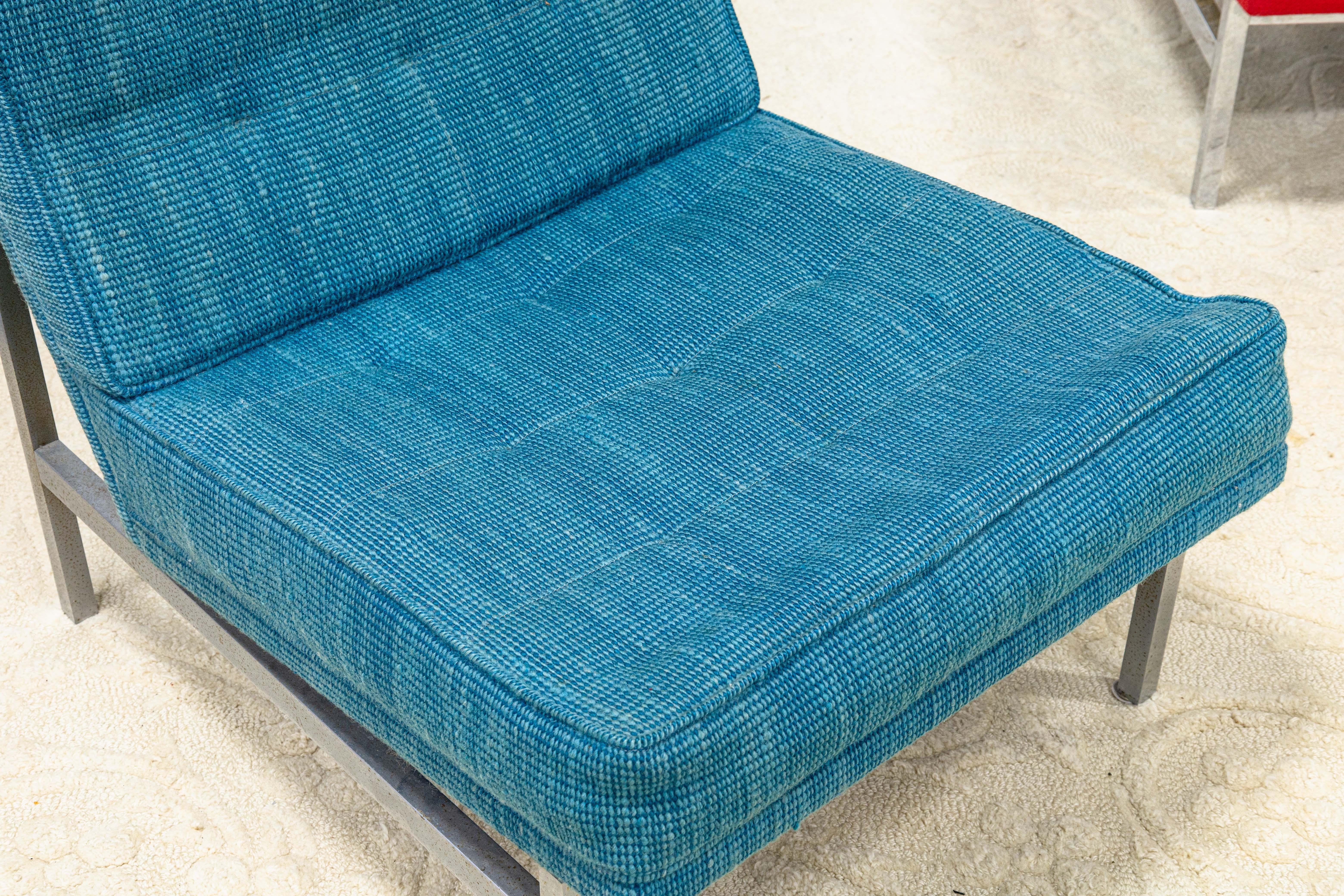 Pair Blue Fabric VIntage Florence Knoll Parallel Bar Chrome Accent Lounge Chairs 2
