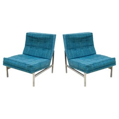 Pair Blue Fabric VIntage Florence Knoll Parallel Bar Chrome Accent Lounge Chairs