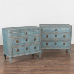 Pair, Blue Gustavian Chest of Three Drawers Nightstands, Sweden circa 1840-60