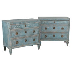 Pair, Blue Gustavian Chest of Three Drawers Nightstands, Sweden circa 1840-60