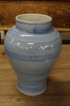 Pair of Blue Horizontal Striated Vases, China, Contemporary