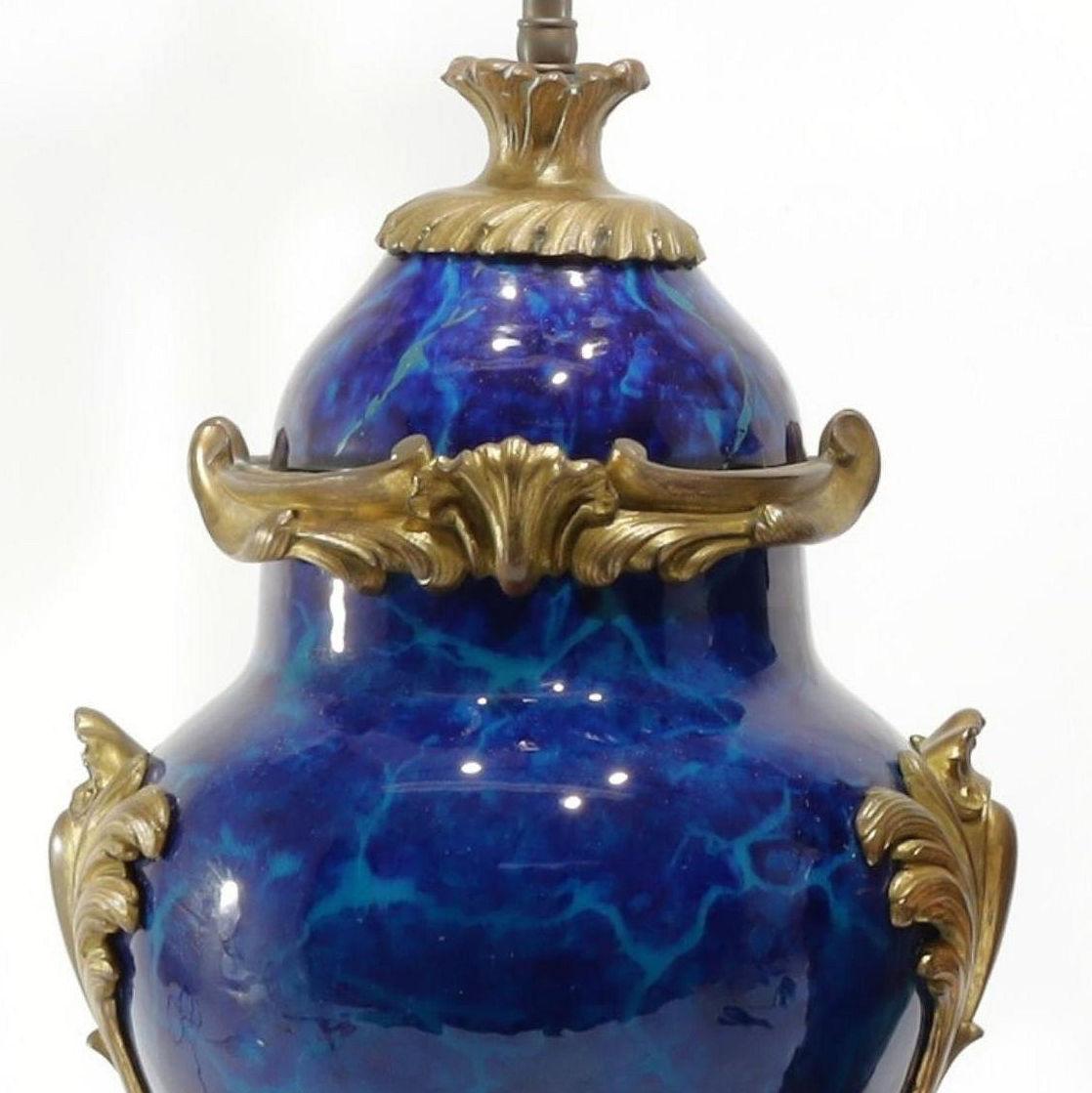 Louis XVI Pair Blue Marbleized Sevres Style Porcelain Bronze Table Lamps in Louis XV Style For Sale