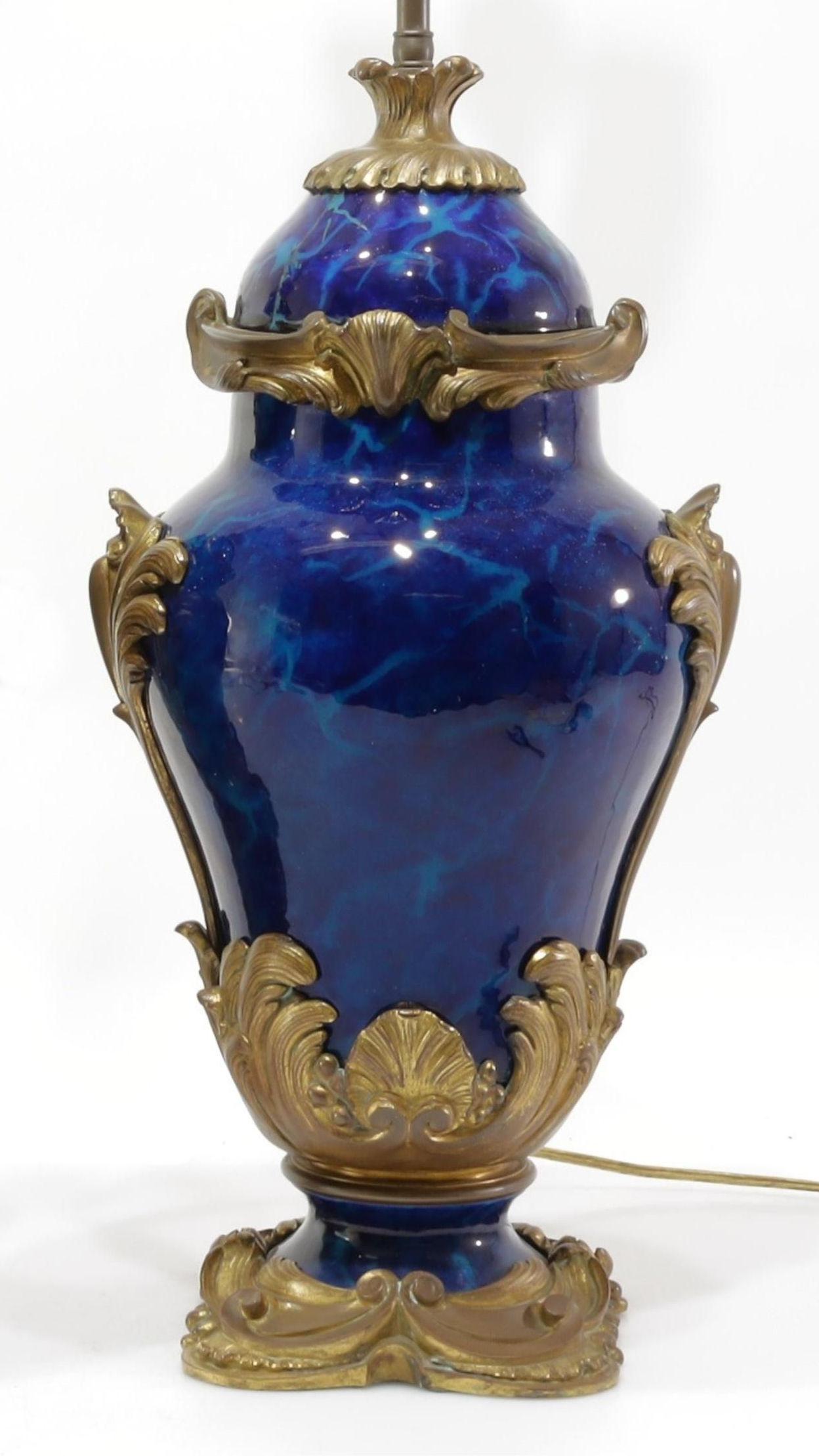 French Pair Blue Marbleized Sevres Style Porcelain Bronze Table Lamps in Louis XV Style For Sale