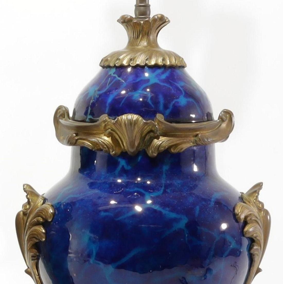 Gilt Pair Blue Marbleized Sevres Style Porcelain Bronze Table Lamps in Louis XV Style For Sale