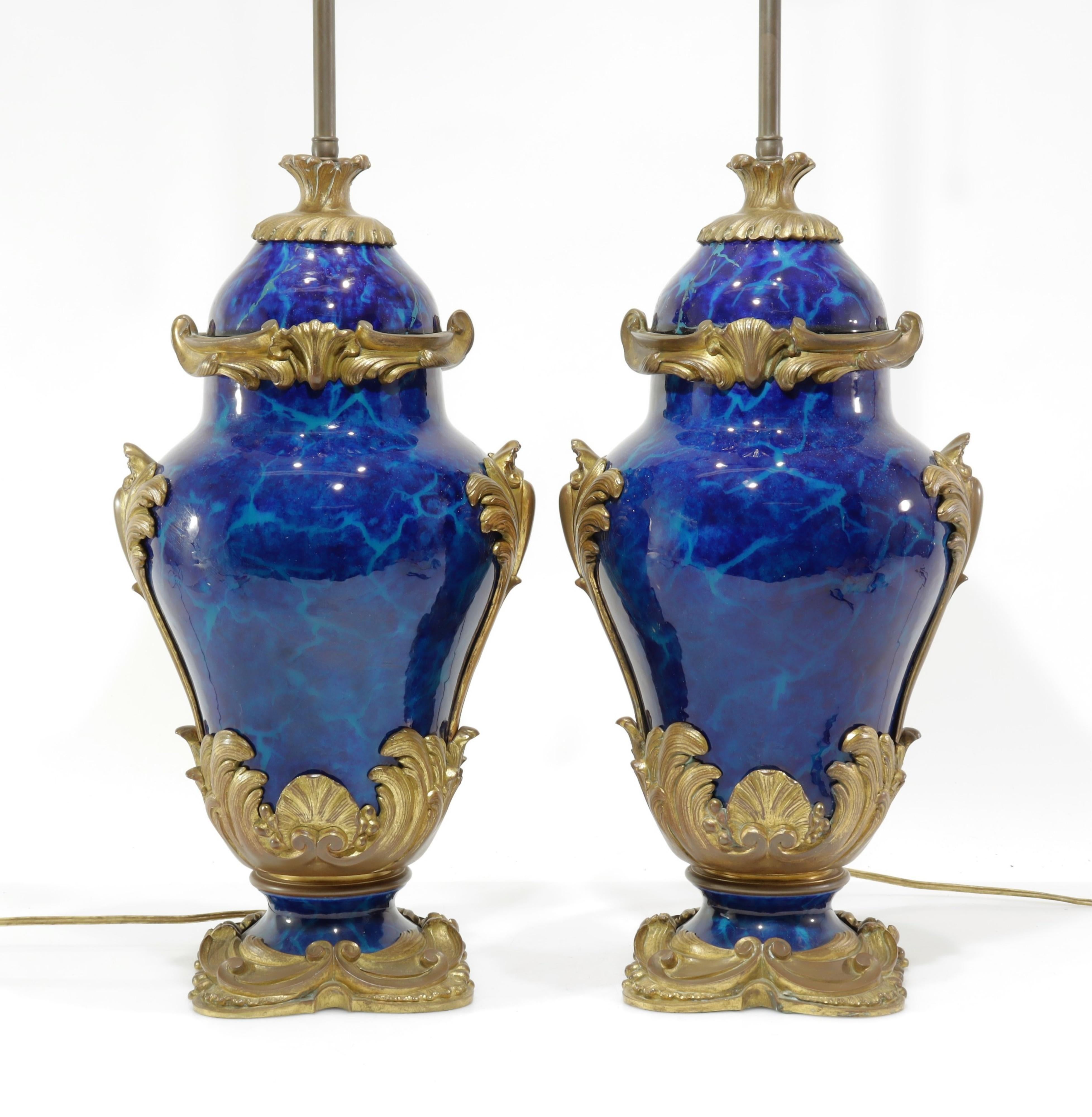 Pair Blue Marbleized Sevres Style Porcelain Bronze Table Lamps in Louis XV Style In Good Condition For Sale In New York, NY