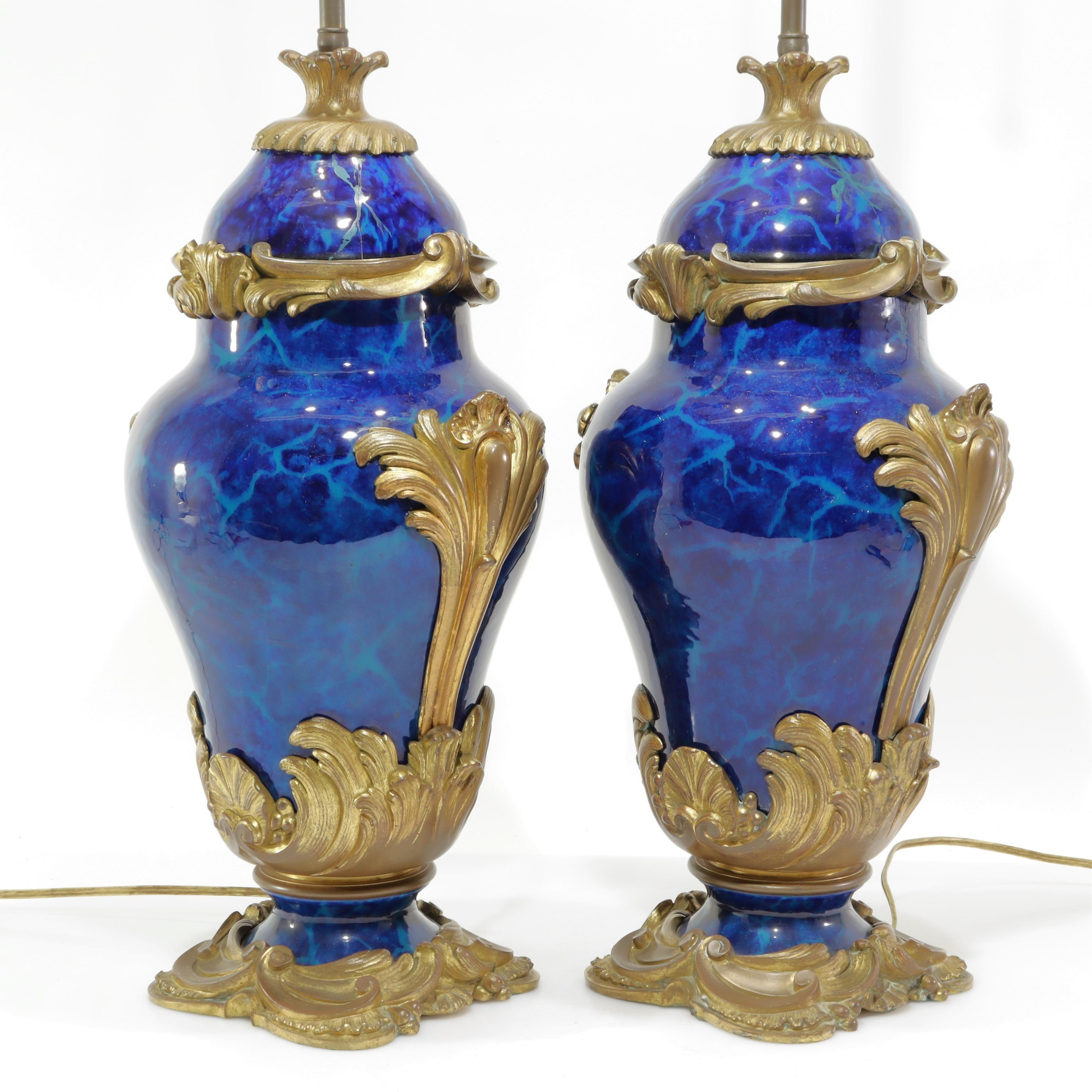 19th Century Pair Blue Marbleized Sevres Style Porcelain Bronze Table Lamps in Louis XV Style For Sale