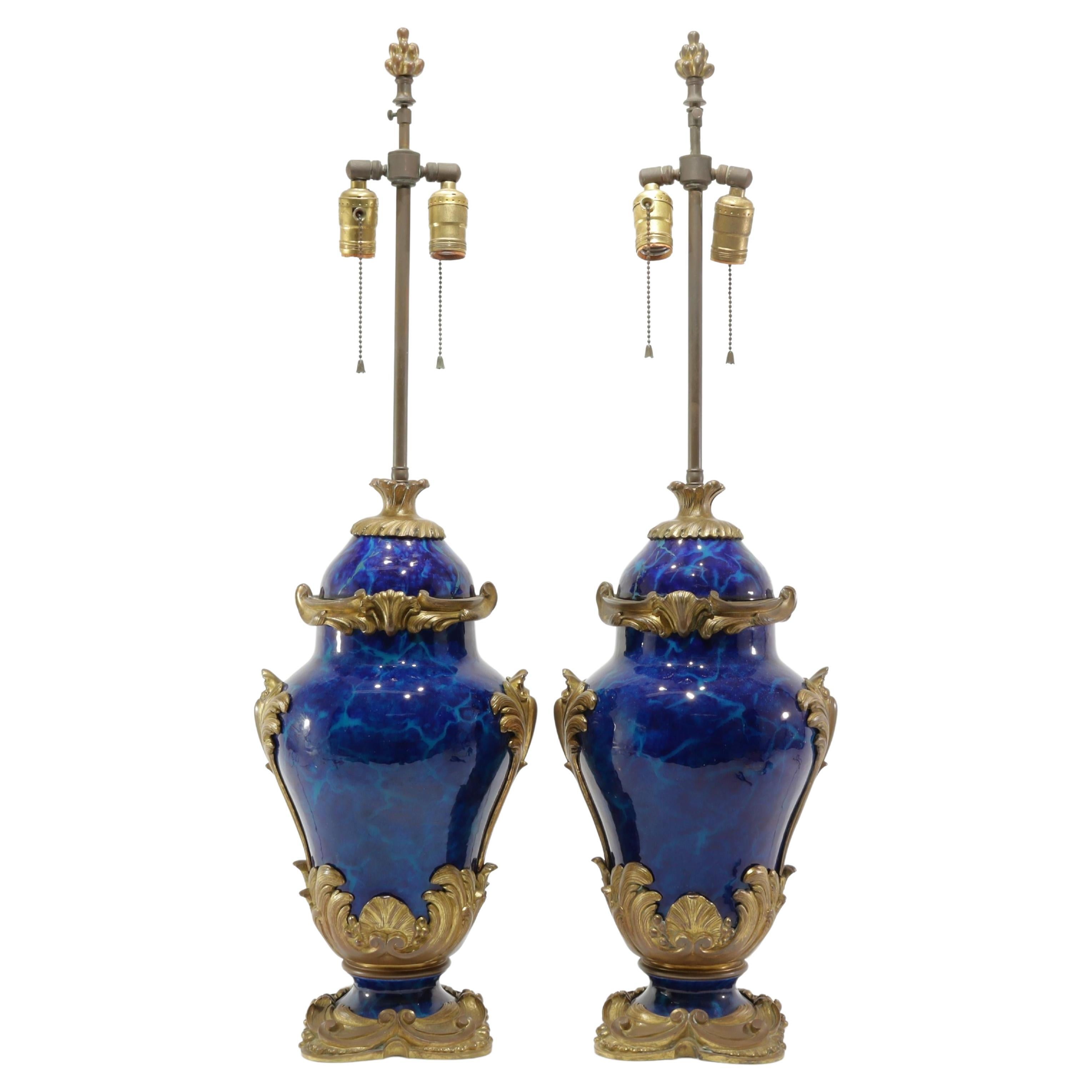 Pair Blue Marbleized Sevres Style Porcelain Bronze Table Lamps in Louis XV Style