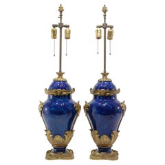 Antique Pair Blue Marbleized Sevres Style Porcelain Bronze Table Lamps in Louis XV Style