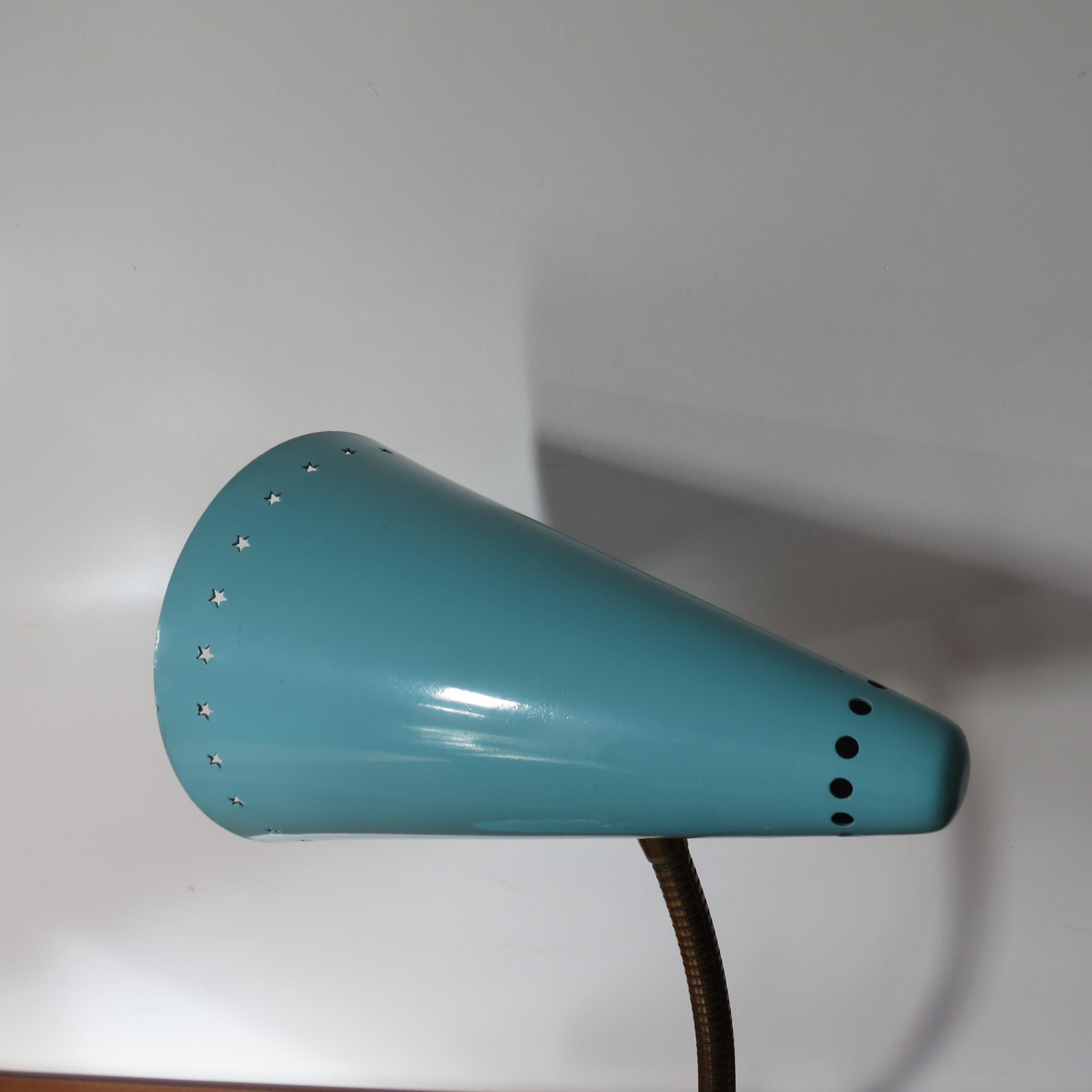 Pair Blue Metal 1950s Goose Neck Adjustable Spot Desk Lamps 1