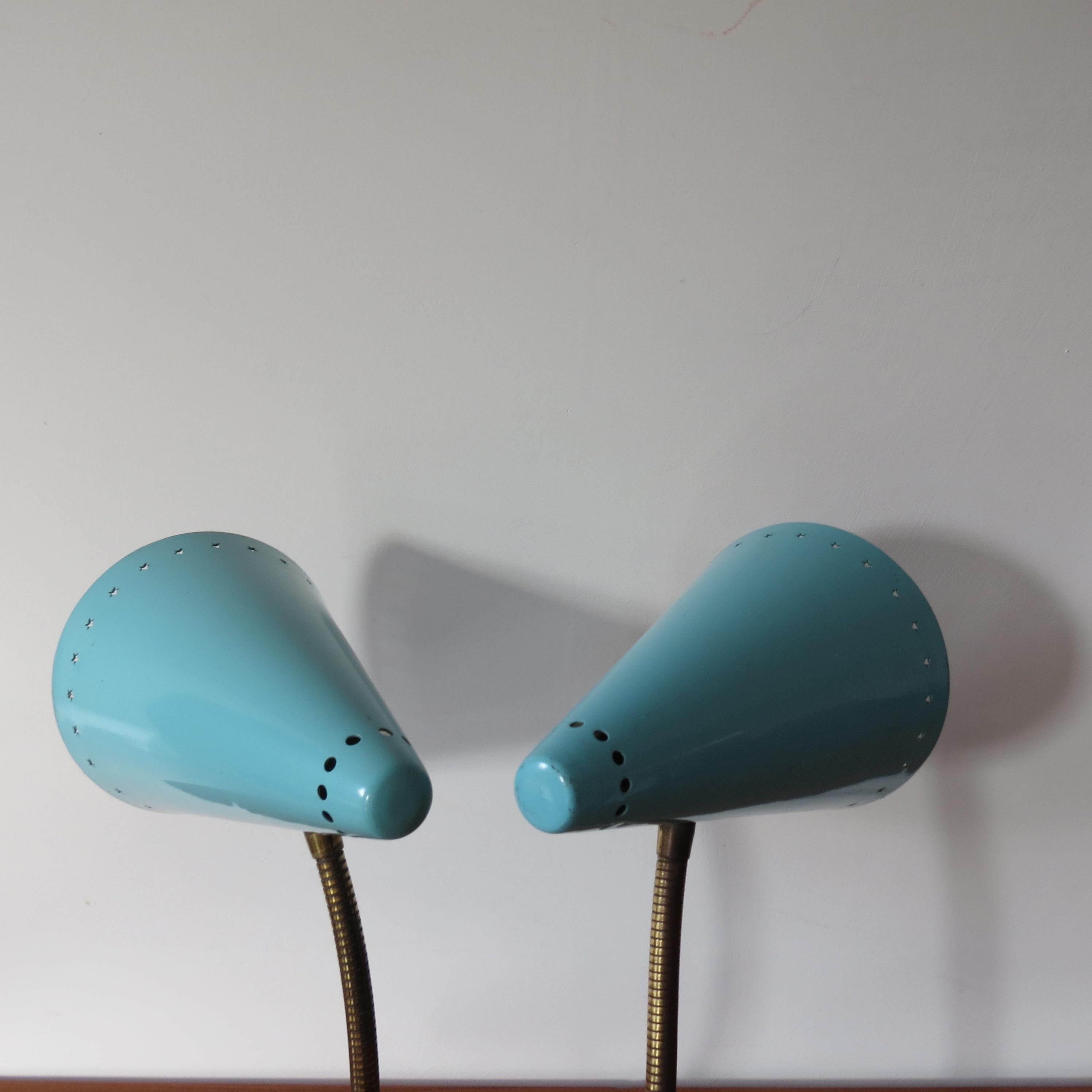 Pair Blue Metal 1950s Goose Neck Adjustable Spot Desk Lamps In Good Condition In Stow on the Wold, GB