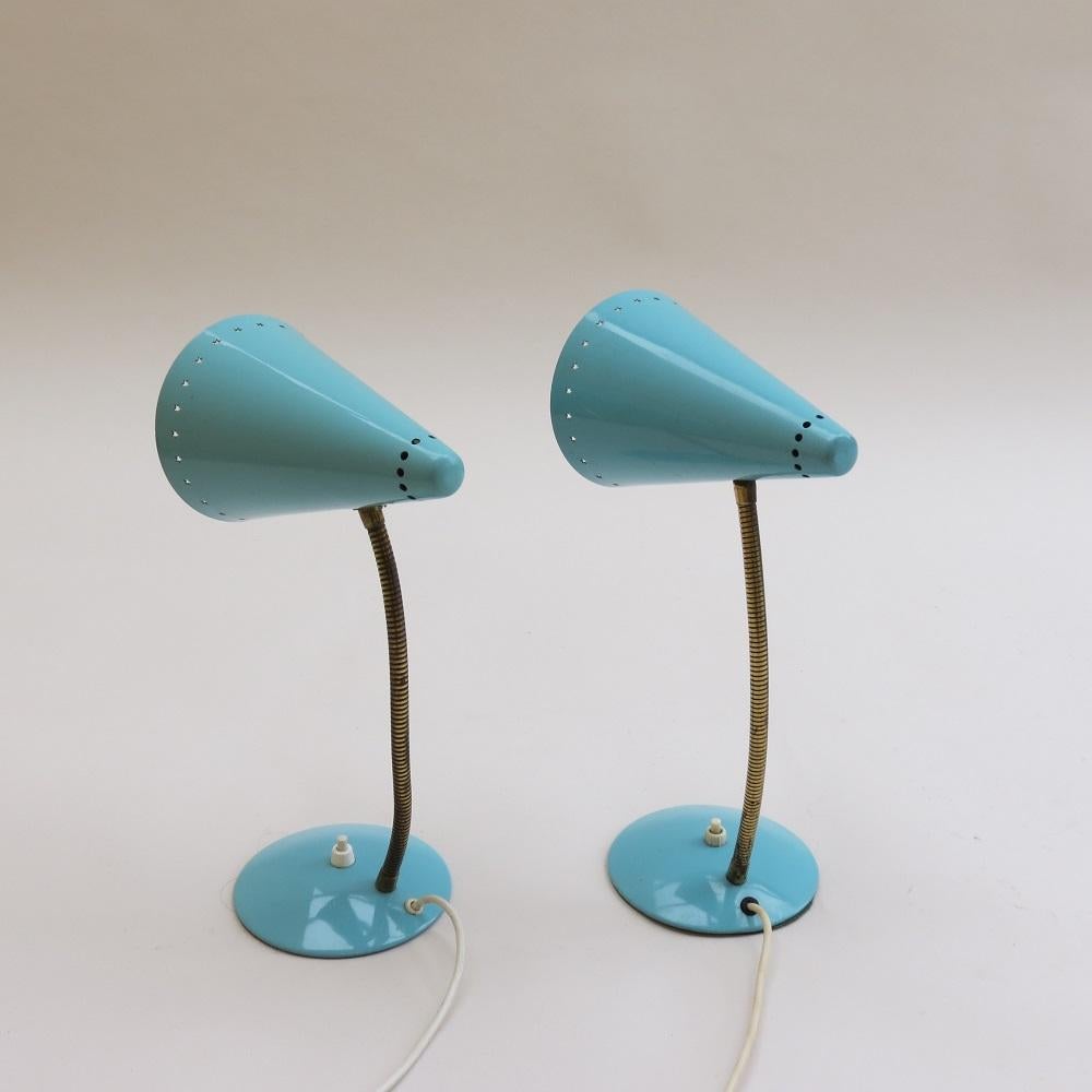Mid-Century Modern Pair Blue Metal 1950s Goose Neck Adjustable Spot Desk Lamps