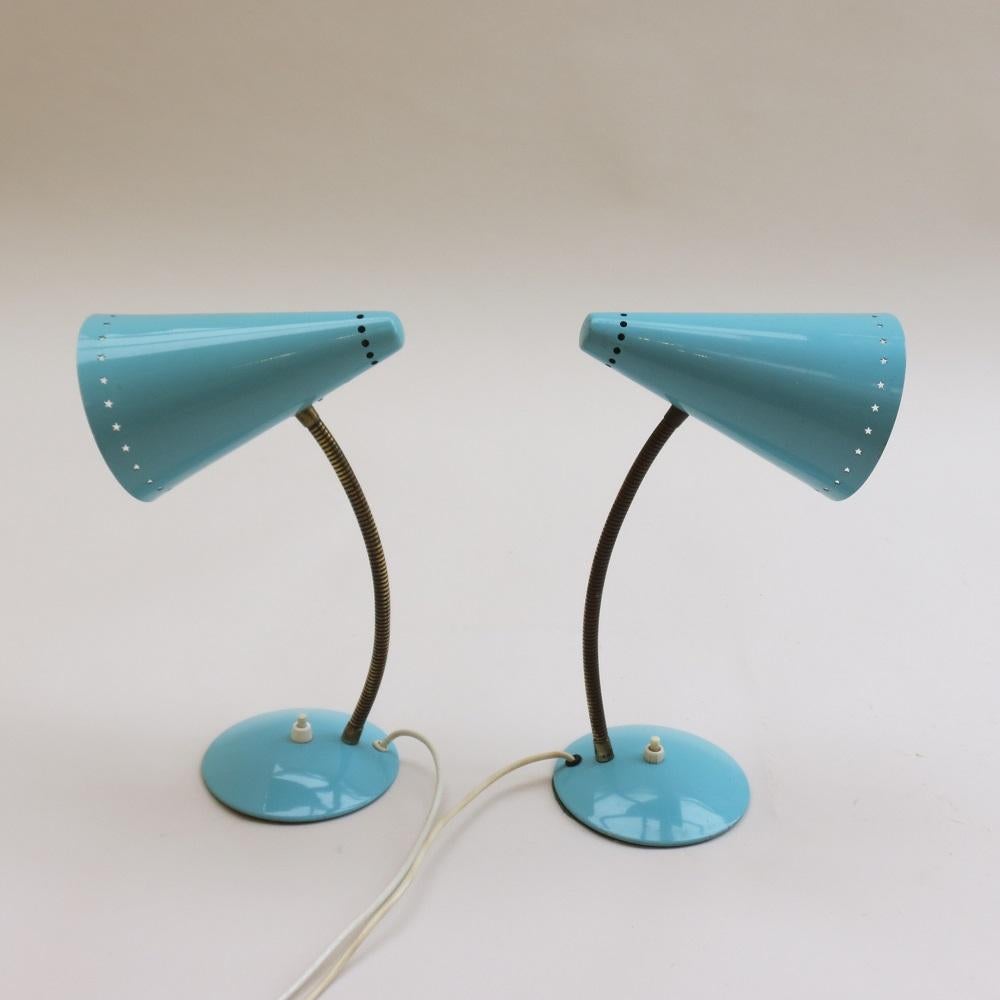 English Pair Blue Metal 1950s Goose Neck Adjustable Spot Desk Lamps