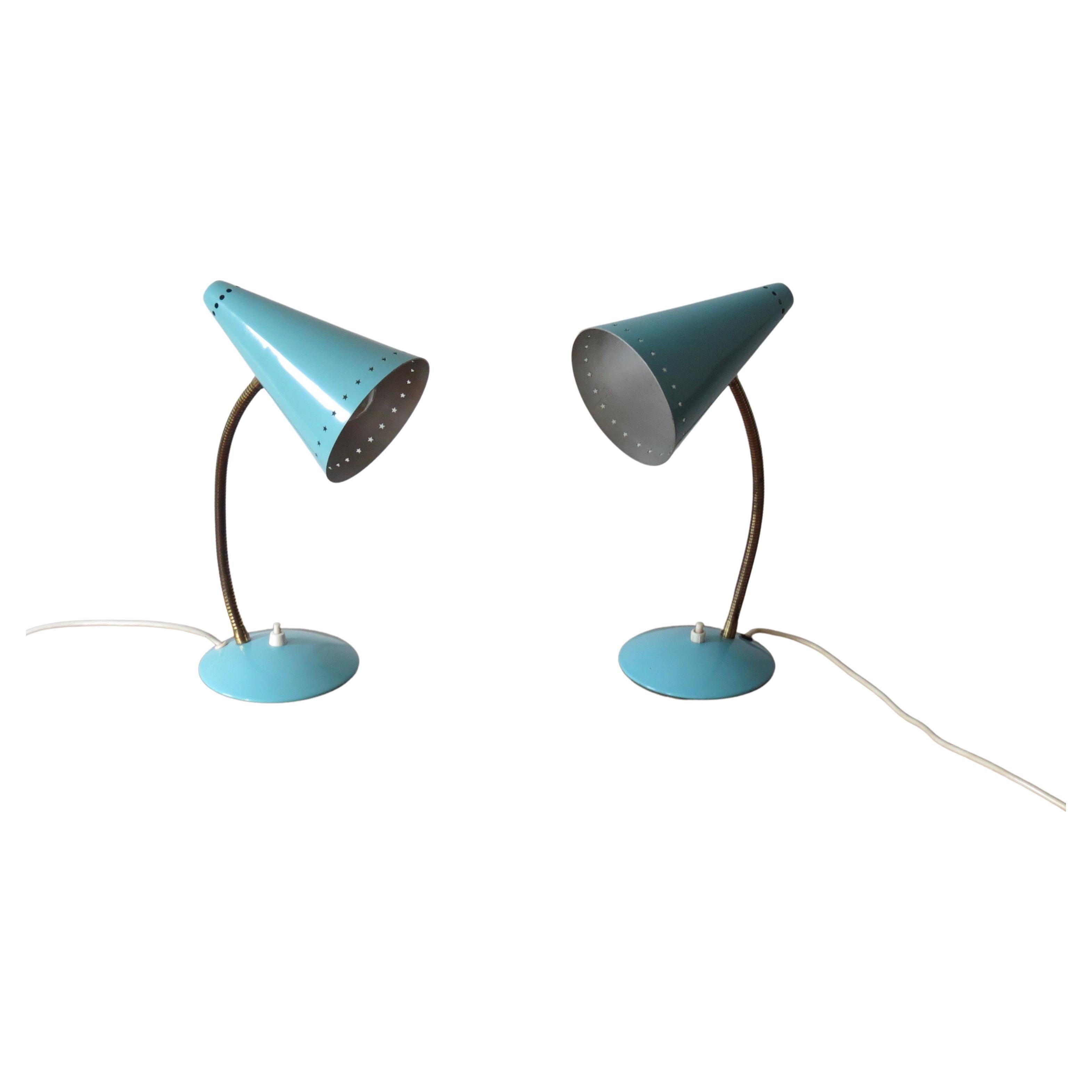 Pair Blue Metal 1950s Goose Neck Adjustable Spot Desk Lamps