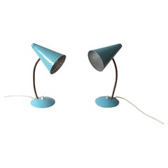 Vintage Pair Blue Metal 1950s Goose Neck Adjustable Spot Desk Lamps