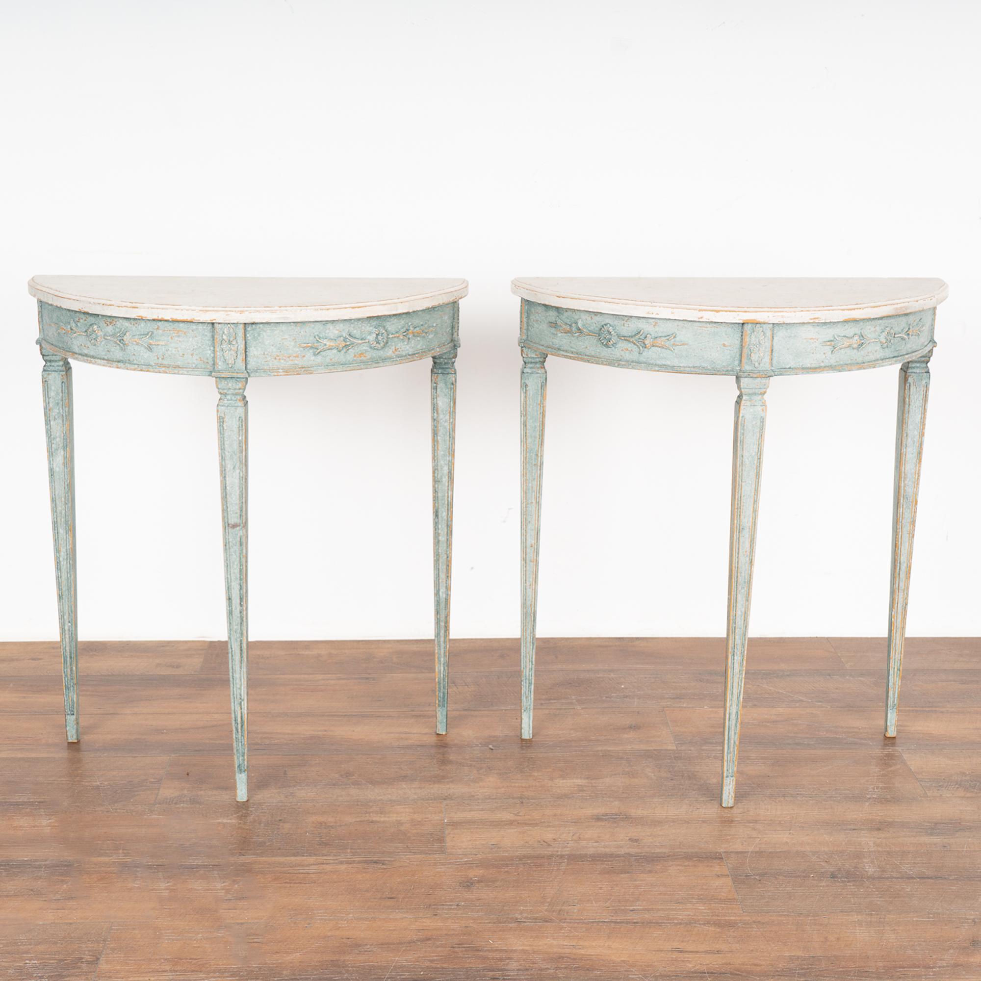 Gustavian Pair, Blue Painted Demilune Side Tables, New from Sweden