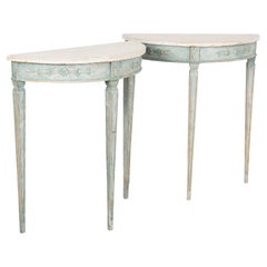 Pair, Blue Painted Demilune Side Tables, New from Sweden