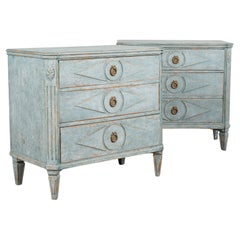 Antique Pair, Blue Painted Gustavian Chest of Drawers, Sweden circa 1860-80