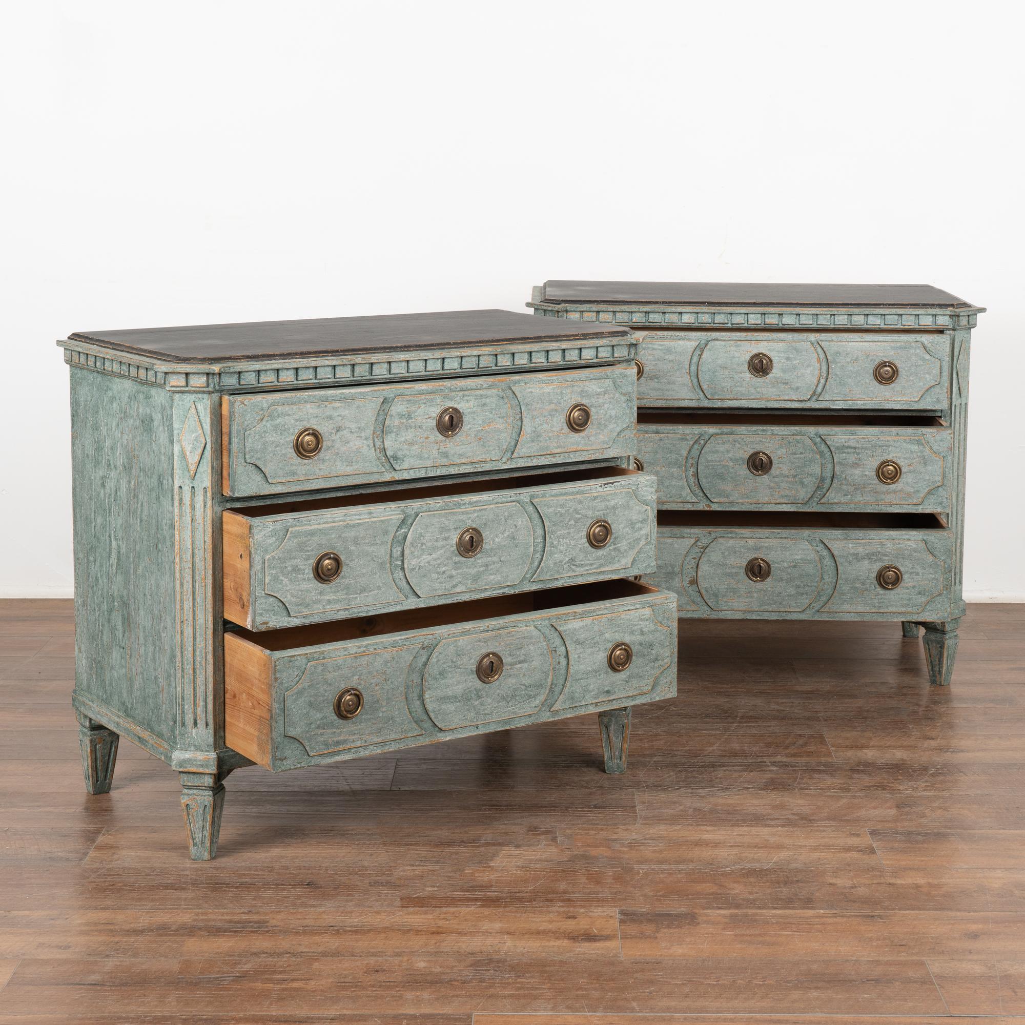 Swedish Pair Blue Painted Gustavian Chest of Drawers With Black Top Sweden circa 1860-80