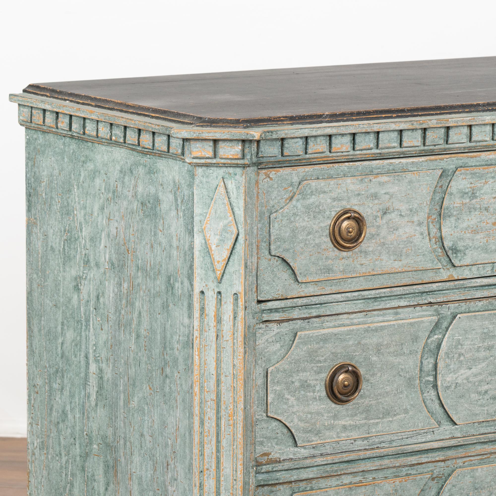 Brass Pair Blue Painted Gustavian Chest of Drawers With Black Top Sweden circa 1860-80