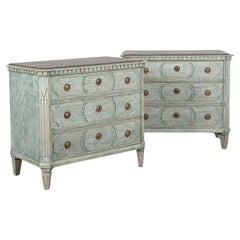 Pair Blue Painted Gustavian Chest of Drawers With Black Top Sweden circa 1860-80