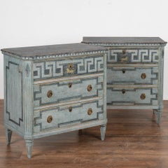 Pair, Blue Painted Gustavian Chest of Drawers with Greek Key Design, circa 1880