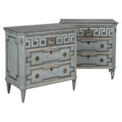 Pair, Blue Painted Gustavian Chest of Drawers with Greek Key Design, circa 1880