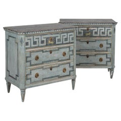 Antique Pair, Blue Painted Gustavian Chest of Drawers with Greek Key Design, circa 1880