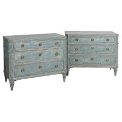 Pair, Blue Painted Gustavian Chest of Three Drawers, Sweden circa 1860-80