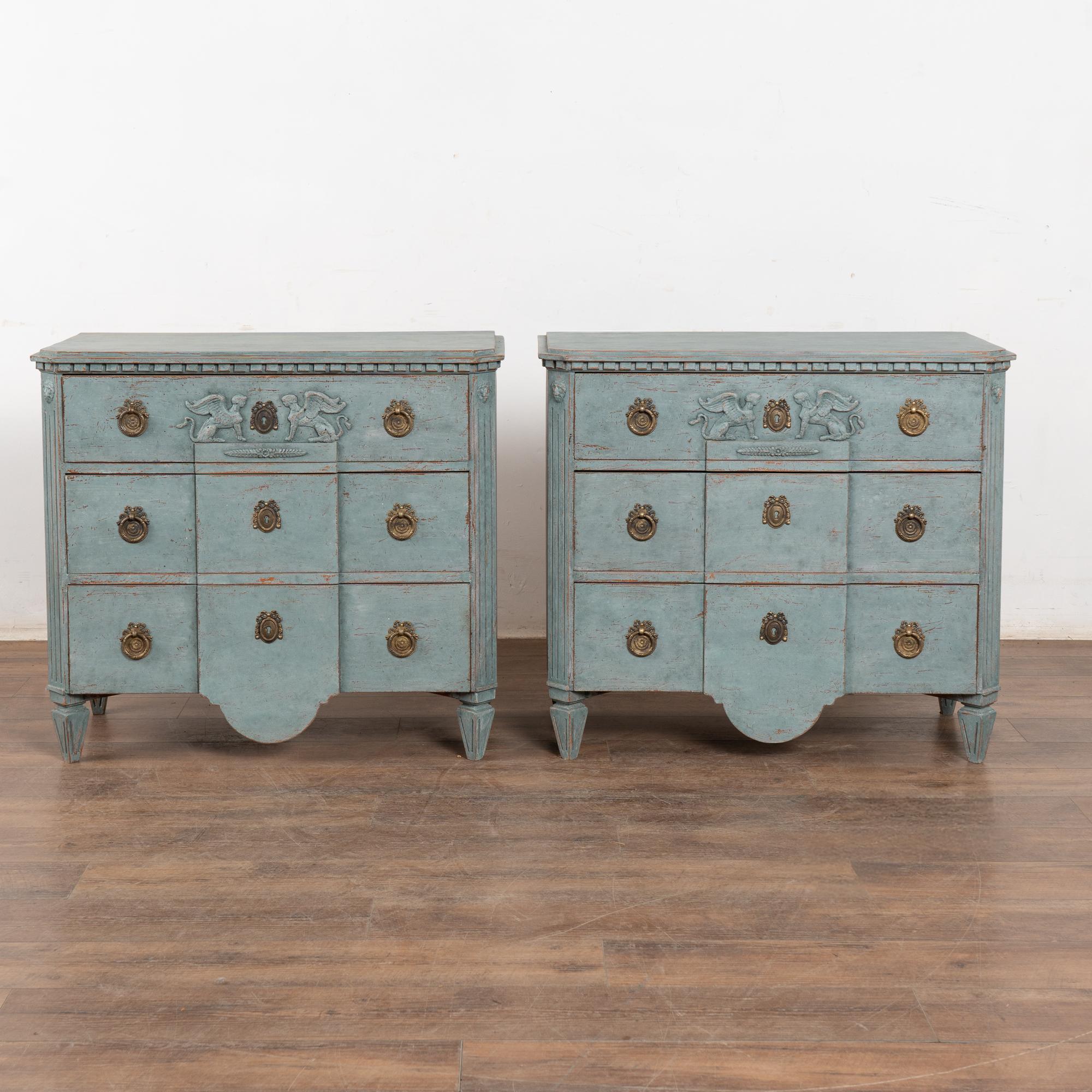 19th Century Pair, Blue Painted Swedish Gustavian Chest of Drawers For Sale
