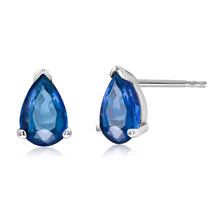 Pear Cut Pair Blue Pear Shape Sapphire White Gold Stud Earrings Weighing 1.45 Carats For Sale