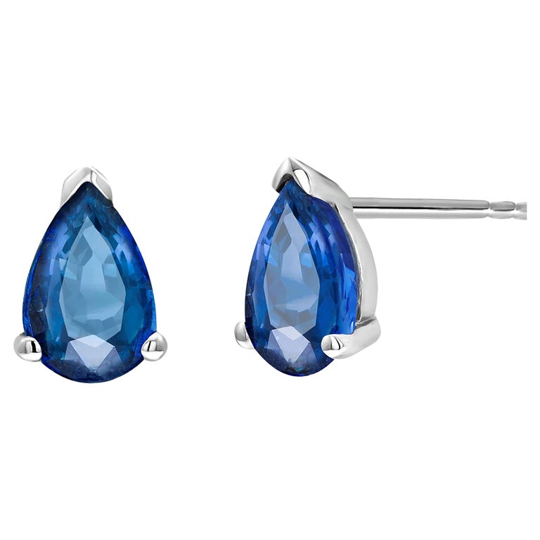 Pair Blue Pear Shape Sapphire White Gold Stud Earrings Weighing 1.45 Carats For Sale